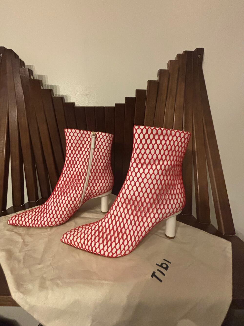 Tibi Red White Fishnet Pointed Toe Ankle Boots EU 40.5